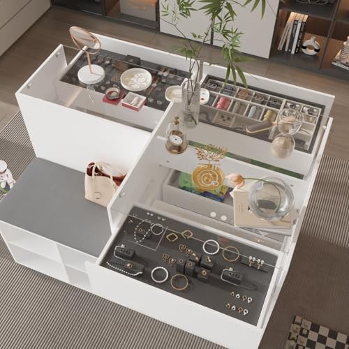 White Glass Armoire Wardrobe with 9 Drawers P7050