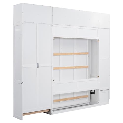Twin Size Wood Murphy Bed with Storage Shelves and Drawers V339178