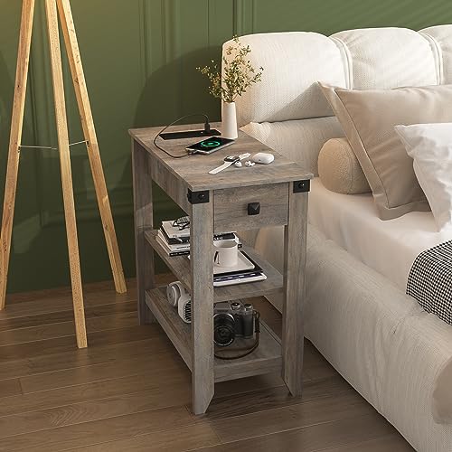 Set of 2 Narrow Side Table with Charging Station and Storage Drawer Rustic Grey Z638692