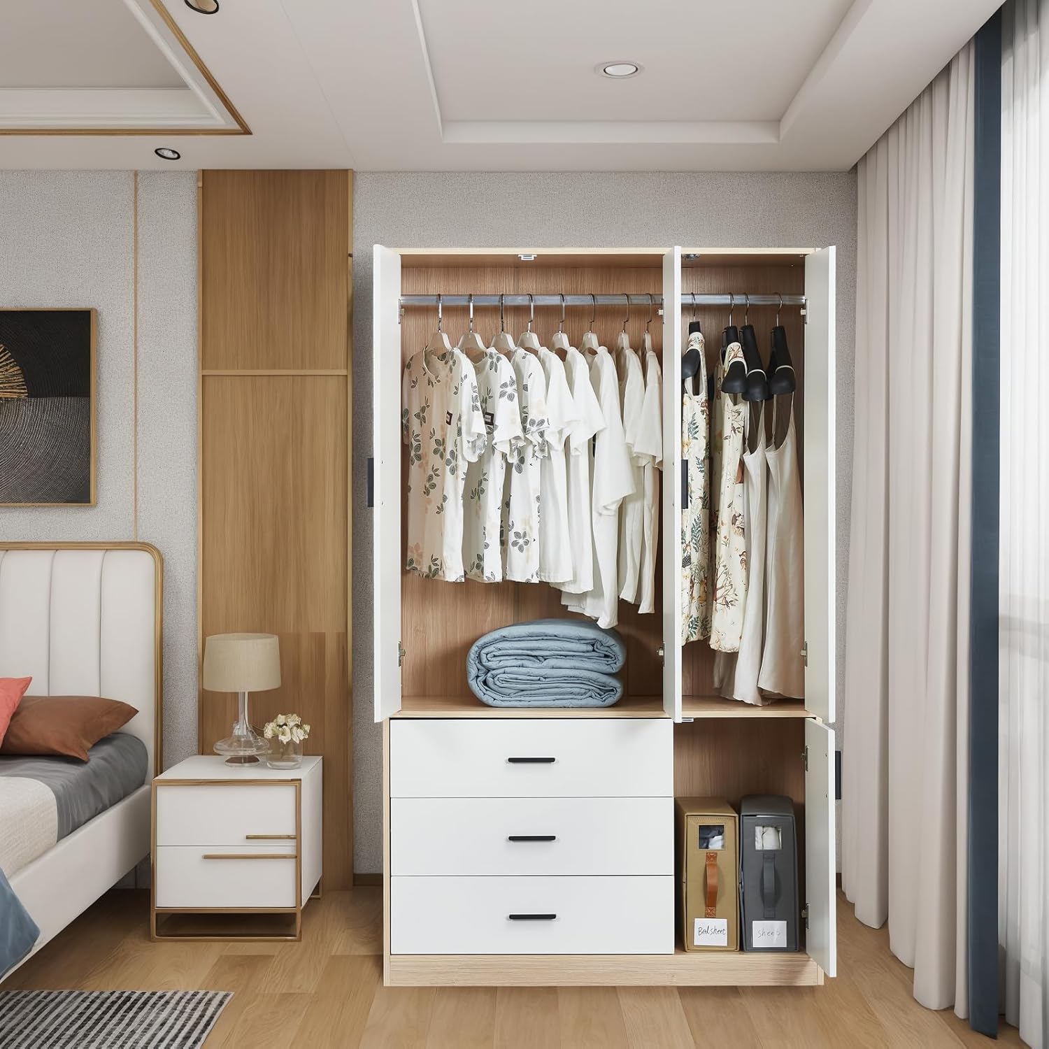 Wooden Wardrobe Closet with 3 Drawers and 2 Doors T7030