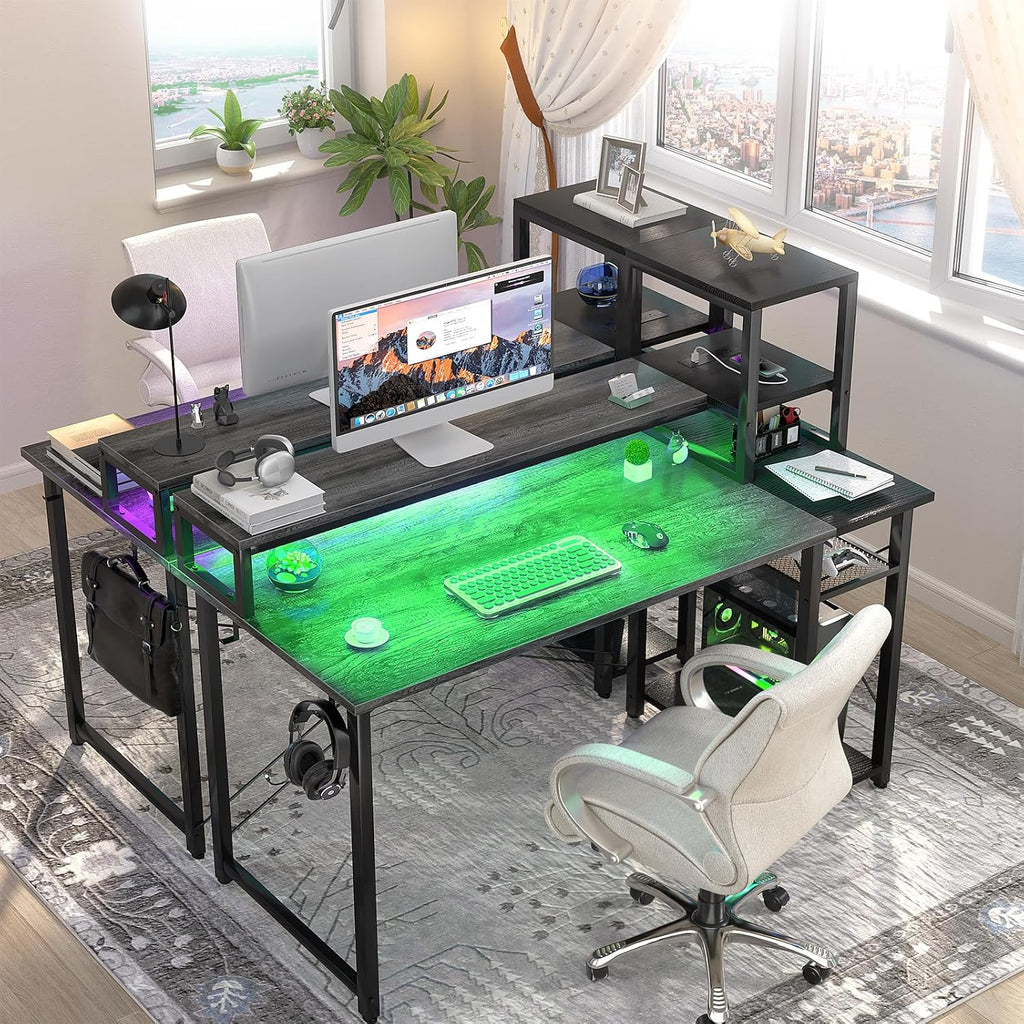 Grey Gaming Desk with LED and Storage Shelves Z589675