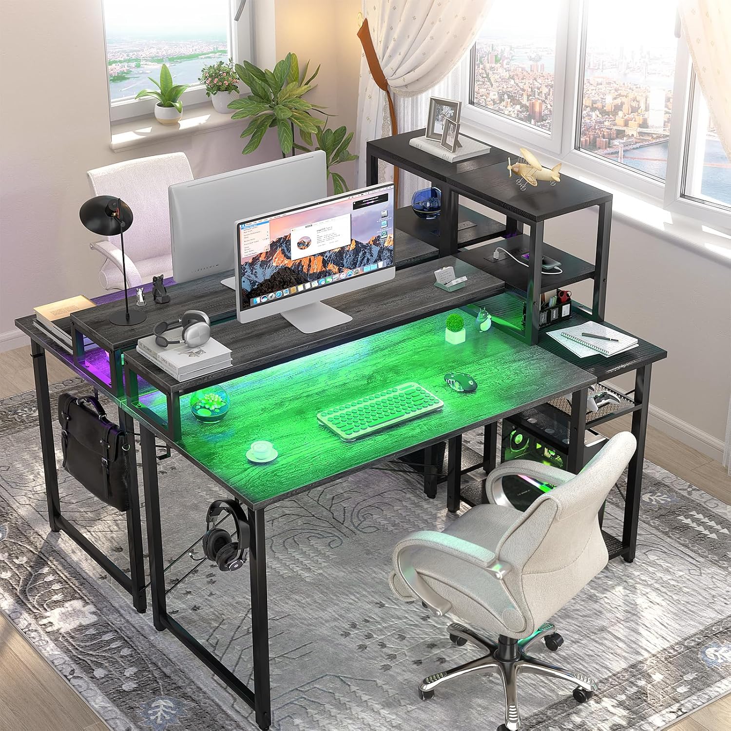 Grey Gaming Desk with LED and Storage Shelves Z589675