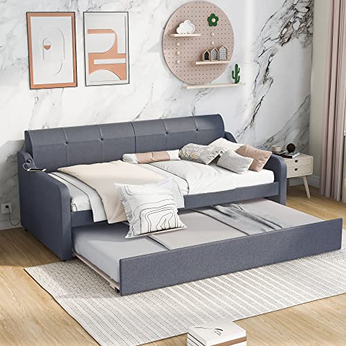 Twin Size Upholstered Wood Day Bed with Pop up Trundle (Grey) P372