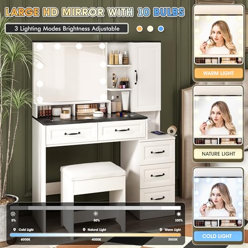 White Glass Top Vanity Desk with Mirror and 5 Drawers O9845