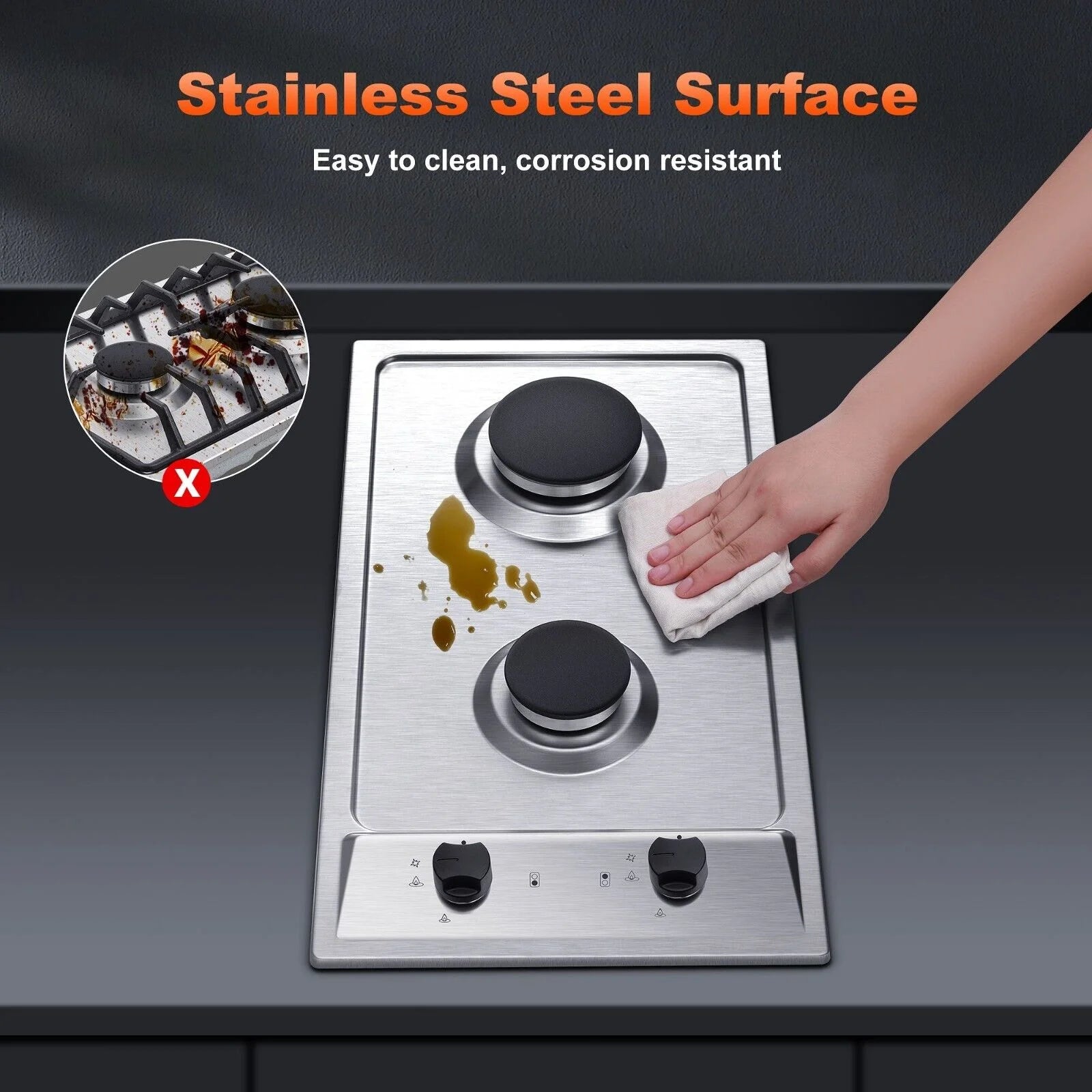 2-Burner 12 inch Stainless Steel Gas Cooktop E7961
