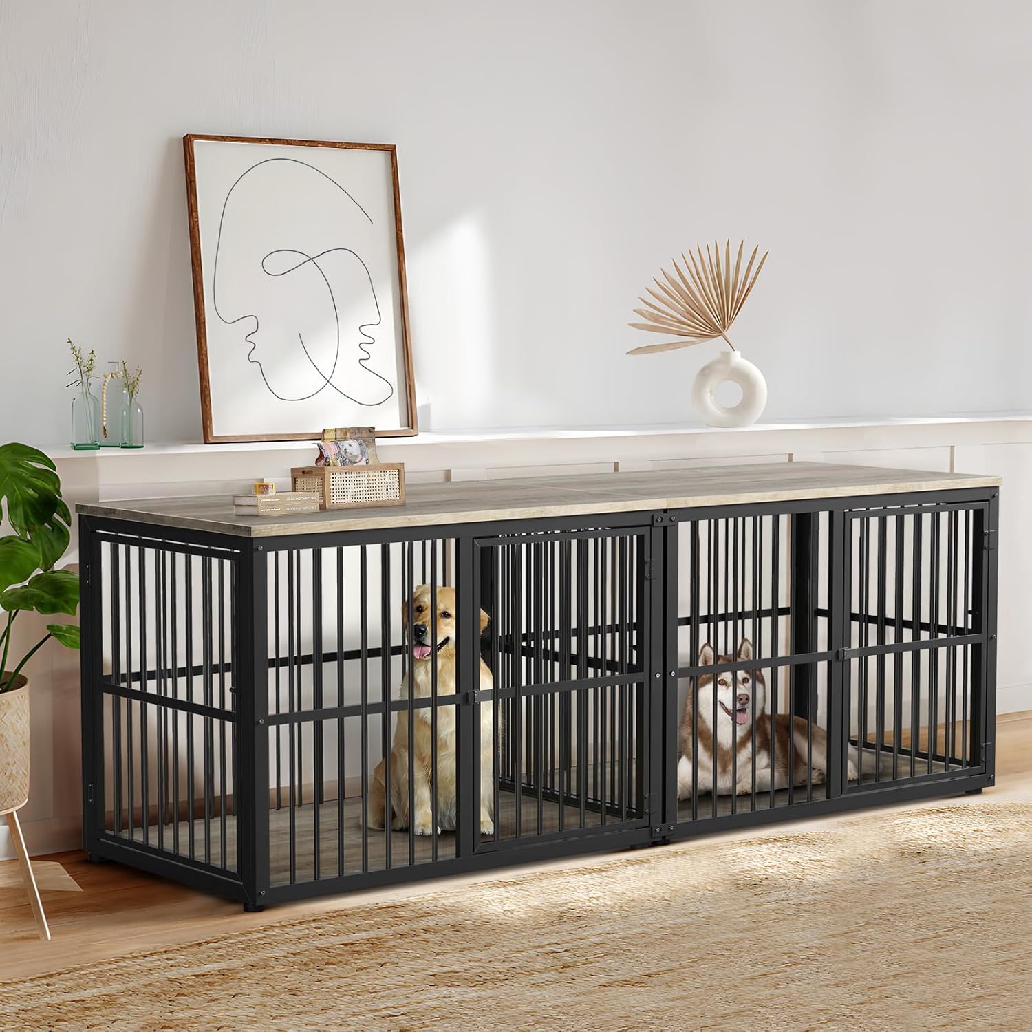 Dog Crate Furniture Large Breed TV Stand with Double Rooms Wooden Dog Kennel with Removable Divider N1222