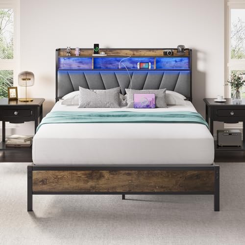 Brown Metal Bed Frame with LED Lights and Storage Headboard I5447