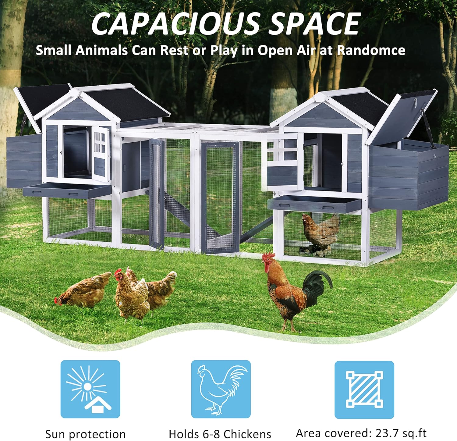 Chicken Coop Hen House Poultry Cage Wooden Rabbit Hutch Small Animal House with Nesting Boxes, 2 Run Play Area, Ramps, Waterproof Roof & Pull Out Tray J314