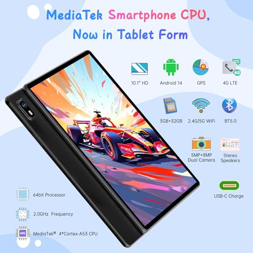 Black 10.1 Inch Tablet with 4G SIM, 3GB+32GB, IPS Display H2374