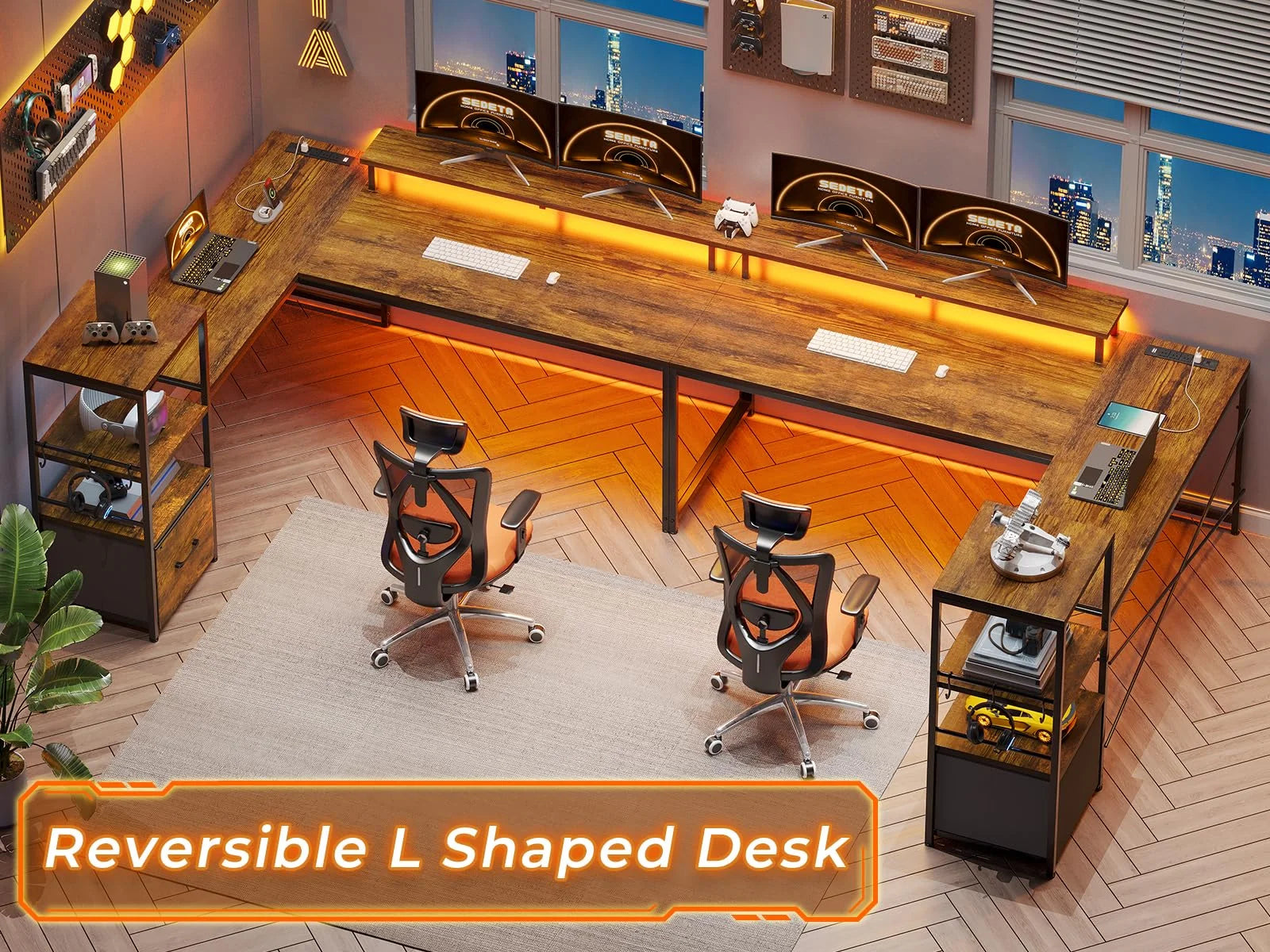 Rustic Brown L Shaped Desk with Power Outlets and LED Lights and Fabric File Drawer U501