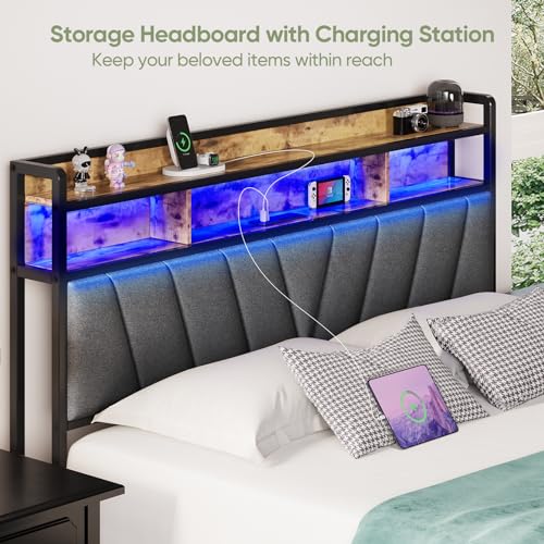 Brown Metal Bed Frame with LED Lights and Storage Headboard I5447