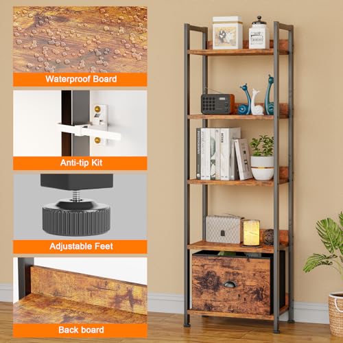 Black 5 Tier Bookshelf with Drawer, Tall Narrow Bookcase, Wood and Metal G573006
