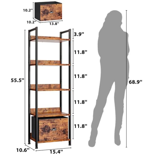 Black 5 Tier Bookshelf with Drawer, Tall Narrow Bookcase, Wood and Metal G573006