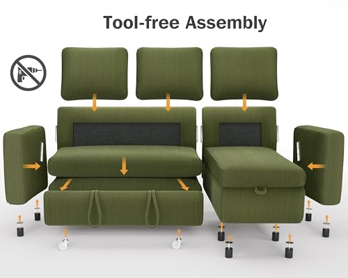 Corduroy Green L Shaped Sleeper Sofa with Pull Out Bed U5728