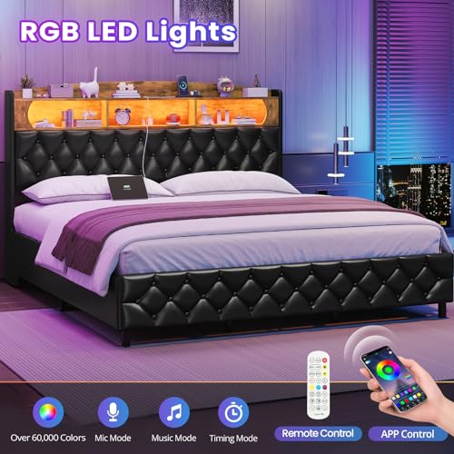 King Size Upholstered Storage Bed Frame with LED Lights A8668