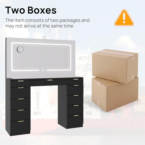 Vanity Desk with Sliding Lighted Mirror, Stool, 8 Storage Shelves, 5 Drawers, Charging Station L4156