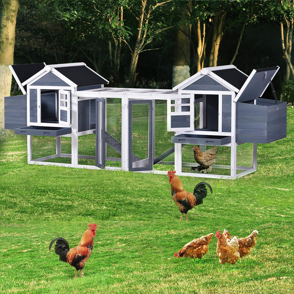 Chicken Coop Hen House Poultry Cage Wooden Rabbit Hutch Small Animal House with Nesting Boxes, 2 Run Play Area, Ramps, Waterproof Roof & Pull Out Tray J314
