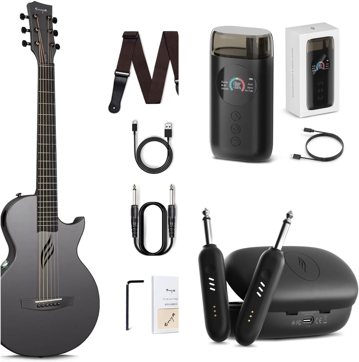 Carbon Fiber Acoustic Electric Guitar with Smart AcousticPlus 35 Inch Travel Guitar Starter Bundle Kit (Black) L805505