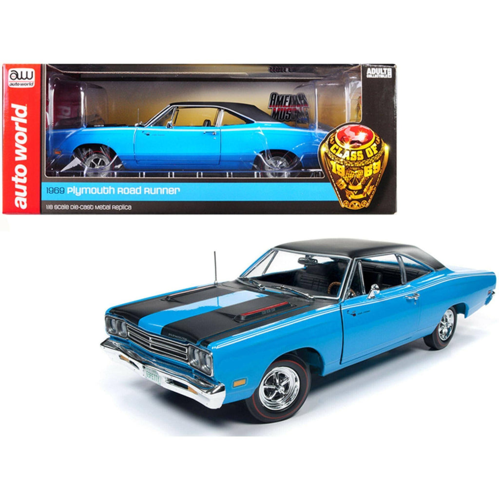 1969 Plymouth Road Runner Hardtop Petty Blue with Black Top and Black Stripes 1/18 Diecast Car G902