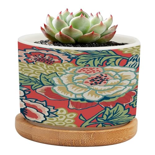 Pink and Blue Ceramic Round Flower Pots with Drainage Holes and Bamboo Tray I636