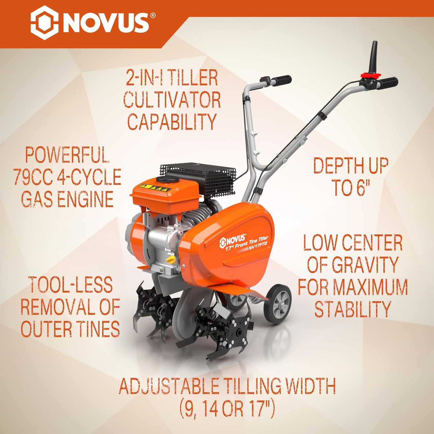 17-Inch Gas Tiller, 79 cc 4-Cycle Gas Engine, Forged Steel Tines S12016