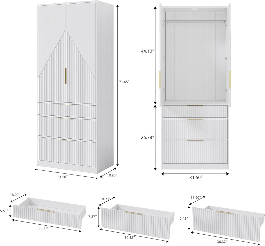 White Freestanding Wooden Wardrobe Armoire with 2 Doors and 3 Drawer J92224