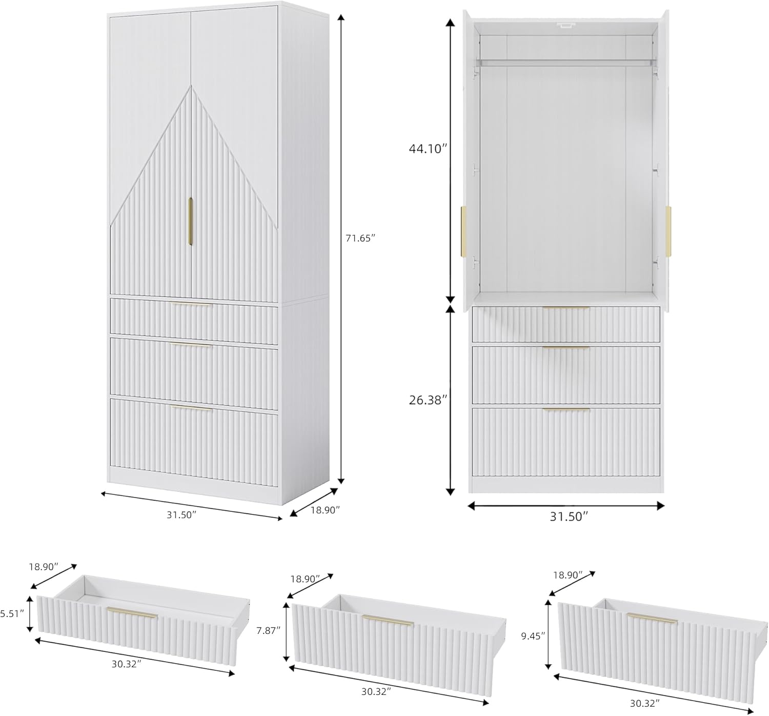 White Freestanding Wooden Wardrobe Armoire with 2 Doors and 3 Drawer J92224