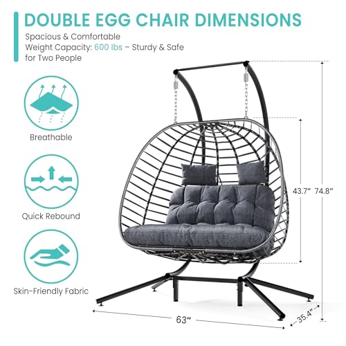 Double Egg Swing Chair with Stand, 2 Person Hanging Wicker Hammock Chairs with Cushion, Dark Grey E942