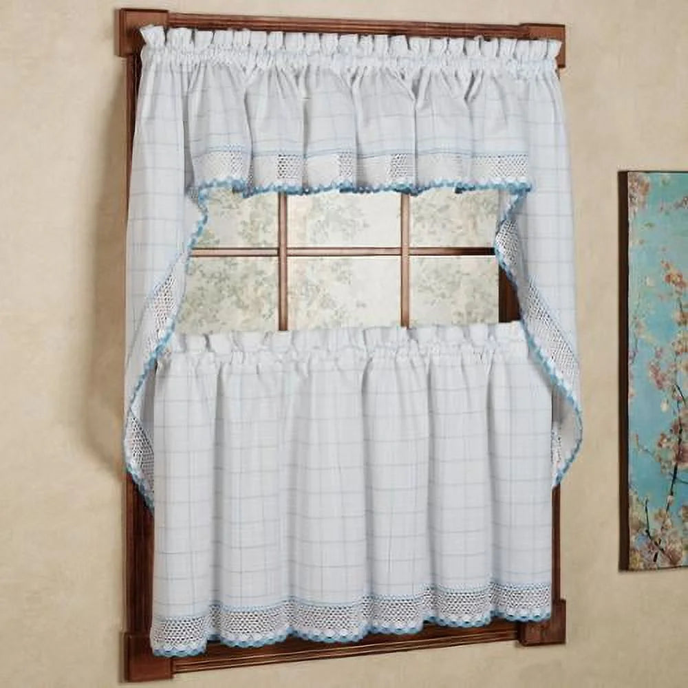 Cotton White Blue Window Pane Pattern Tiers Swags Valance 38 x 60 Q319619