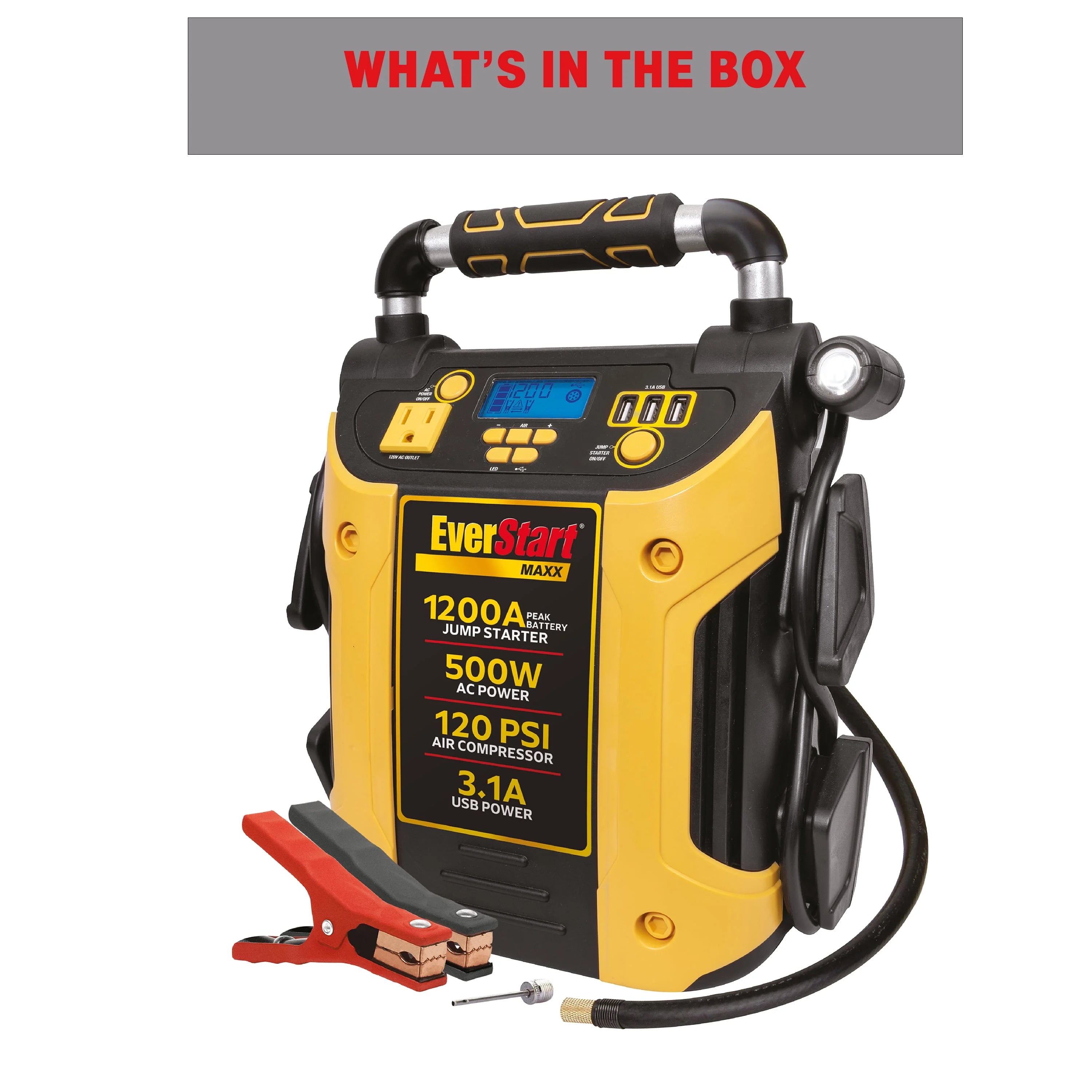 1200 Peak Amps Jump Starter with 500W Inverter and 120 PSI Compressor Q83425
