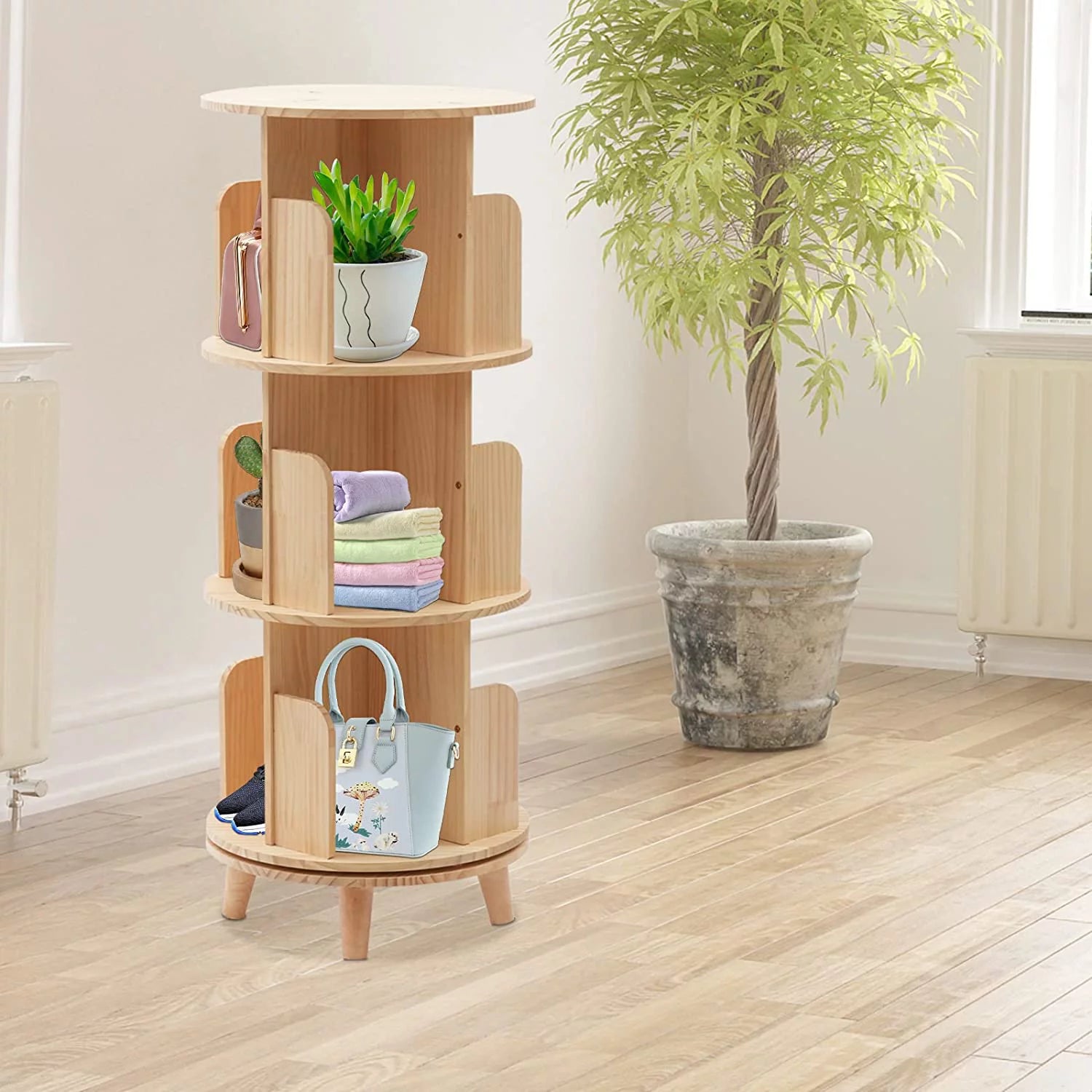 Wooden Rotating Bookshelf with 4 Legs Floor Standing Bookcase 3 Tiers M799757