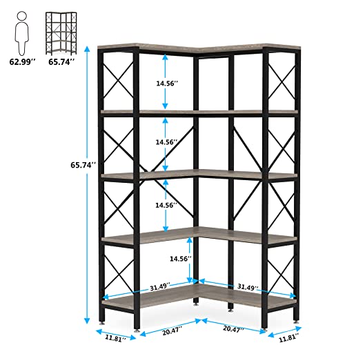 5-Shelf Corner Bookshelf with Metal Frame Grey C835