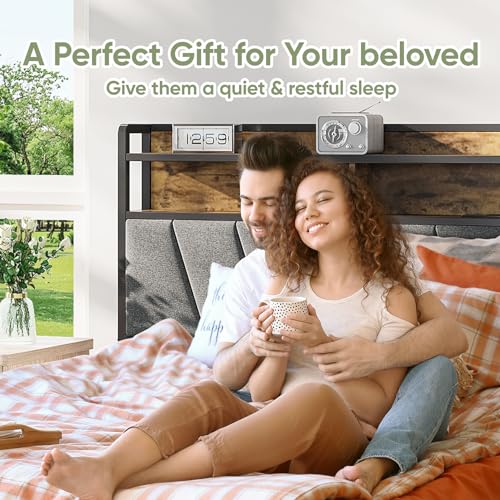 Brown Metal Bed Frame with LED Lights and Storage Headboard I5447