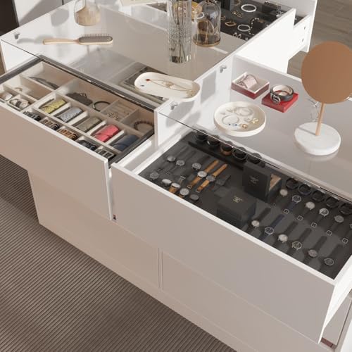 White Glass Armoire Wardrobe with 9 Drawers P7050
