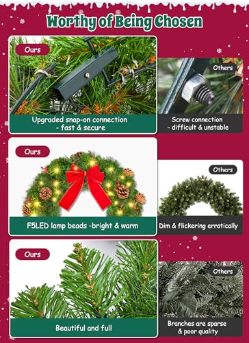 24 Inch Prelit Christmas Wreath with Pine Needles Branches Red Berry Pine Cones P733