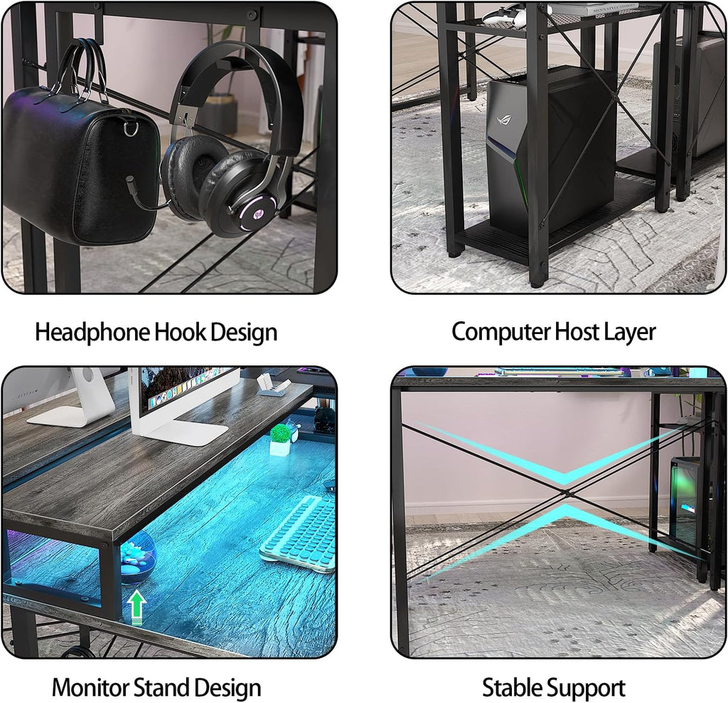 Grey Gaming Desk with LED and Storage Shelves Z589675