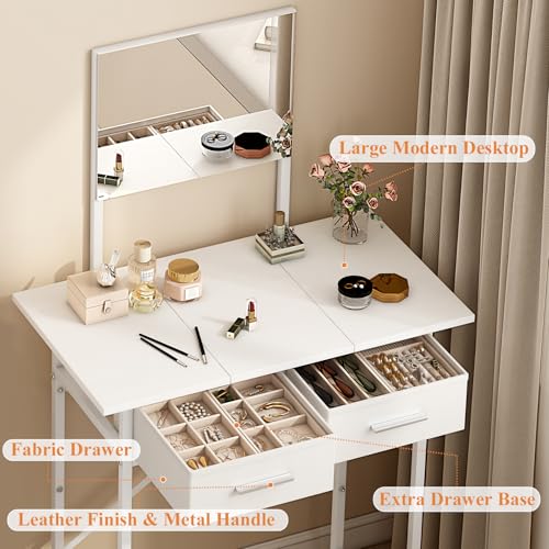 White Compact Vanity Desk with Mirror and Drawers V6579
