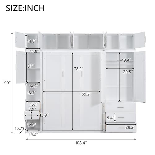 Twin Size Wood Murphy Bed with Storage Shelves and Drawers V339178