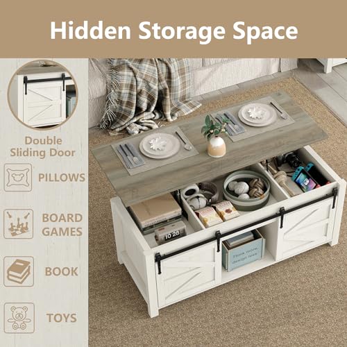 47.3'' White Rustic Brown Rectangular Lift Top Coffee Table with Storage F338