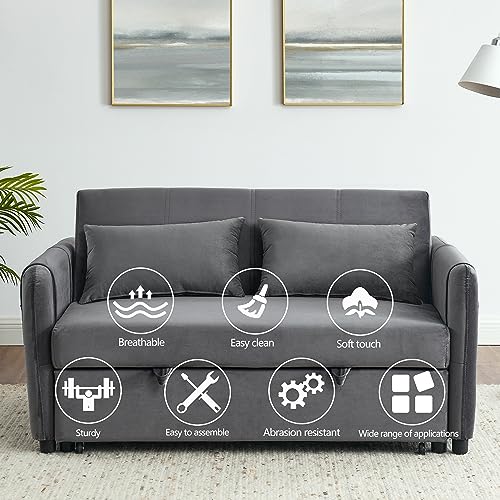 Grey Velvet Convertible Sofa Bed with Pull-out Bed H726479