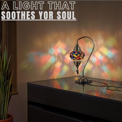 Turkish Moroccan Mosaic Table Lamp Handcrafted Tiffany-Style Colorful Glass Swan Neck Bedside Desk Table Light Boho Artisan Accent Lighting 15" H Black White W746591