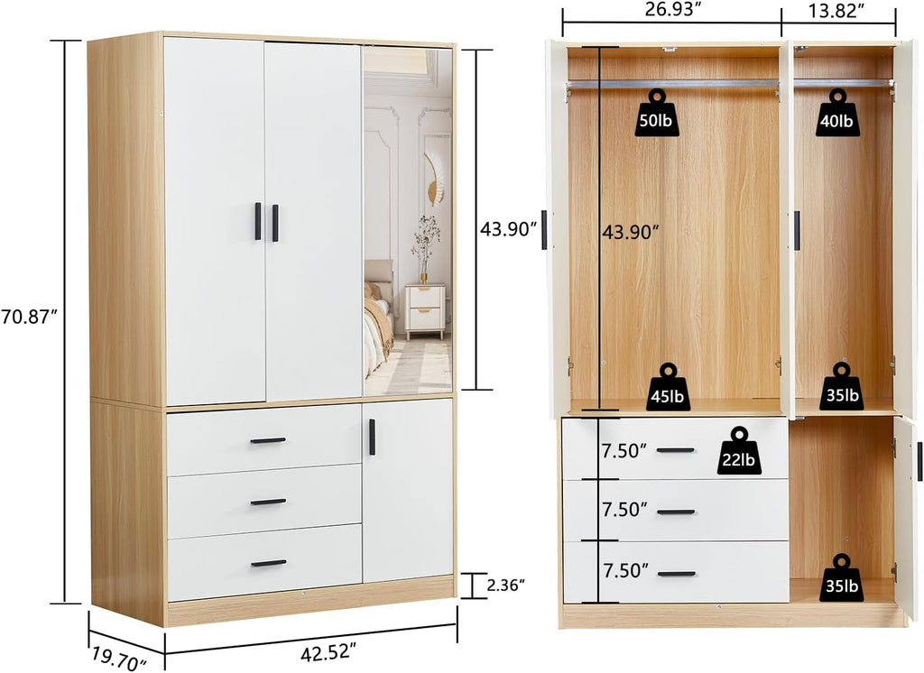 Wooden Wardrobe Closet with 3 Drawers and 2 Doors T7030