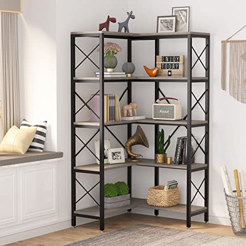 5-Shelf Corner Bookshelf with Metal Frame Grey C835