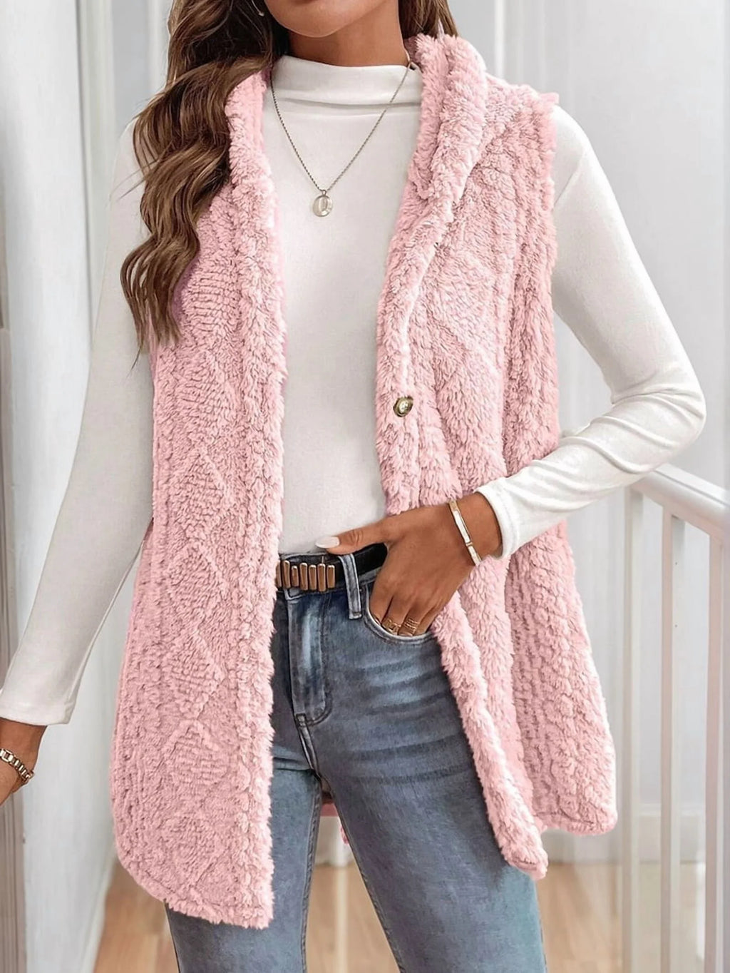 Pink Oversized Fleece Hooded Cardigan I1302