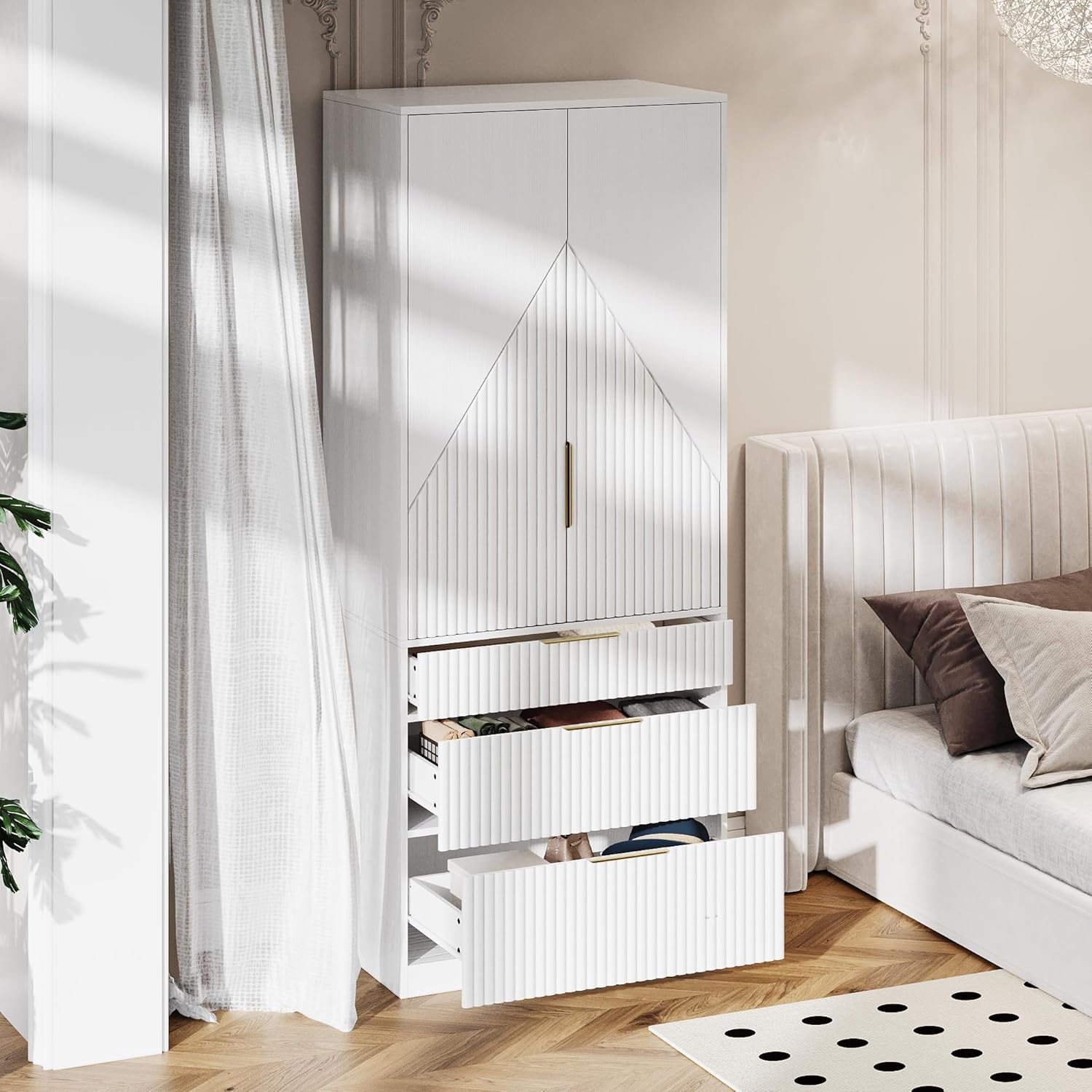 White Freestanding Wooden Wardrobe Armoire with 2 Doors and 3 Drawer J92224