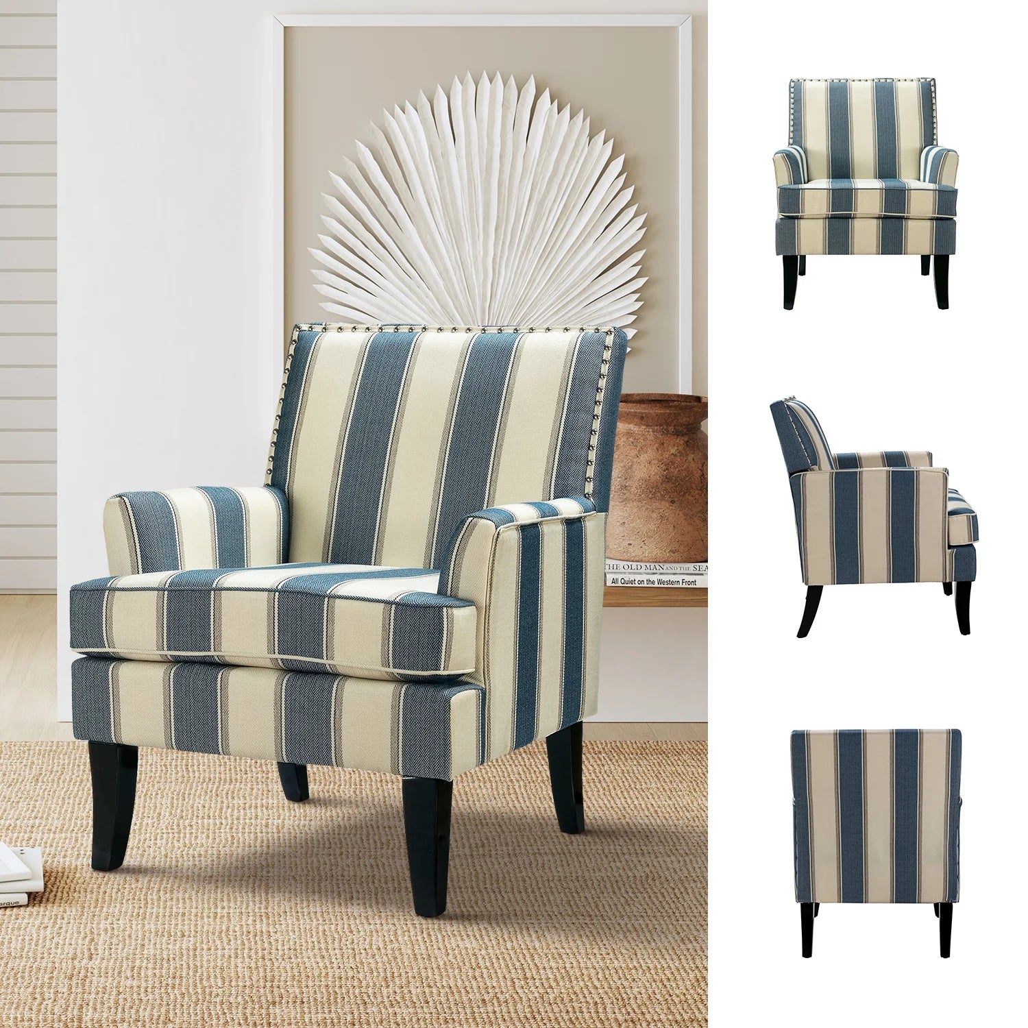 Navy Upholstered Accent Chair with Wood Legs A48577