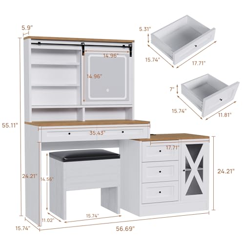 Vanity Desk with Sliding Lighted Mirror, Stool, 8 Storage Shelves, 5 Drawers, Charging Station L4156
