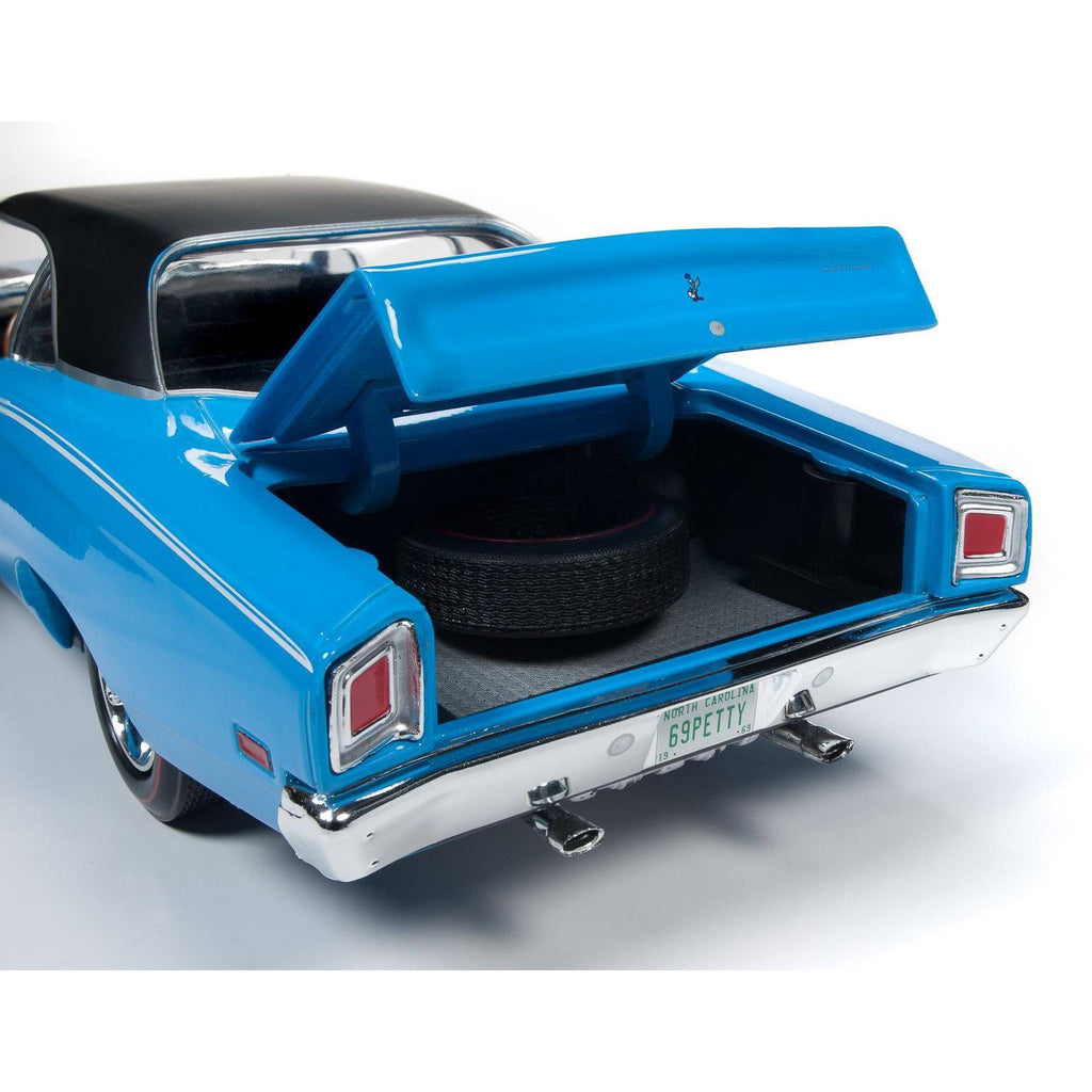 1969 Plymouth Road Runner Hardtop Petty Blue with Black Top and Black Stripes 1/18 Diecast Car G902