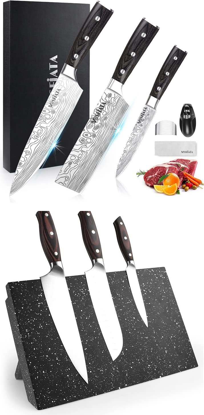 3 PCS German High Carbon Stainless Steel Chef Knife Set with Magnetic Knife Block A367368