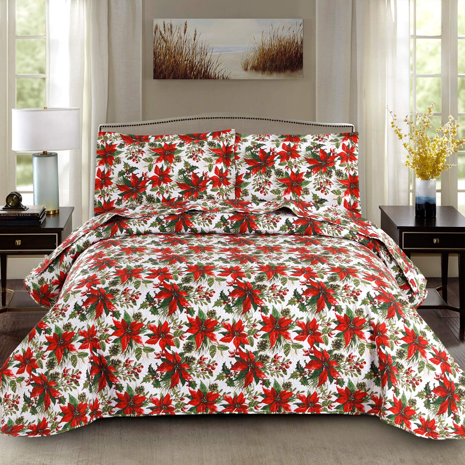 King Size Poinsettia Floral Lightweight Bedspread Coverlet with Pillow Shams D71217